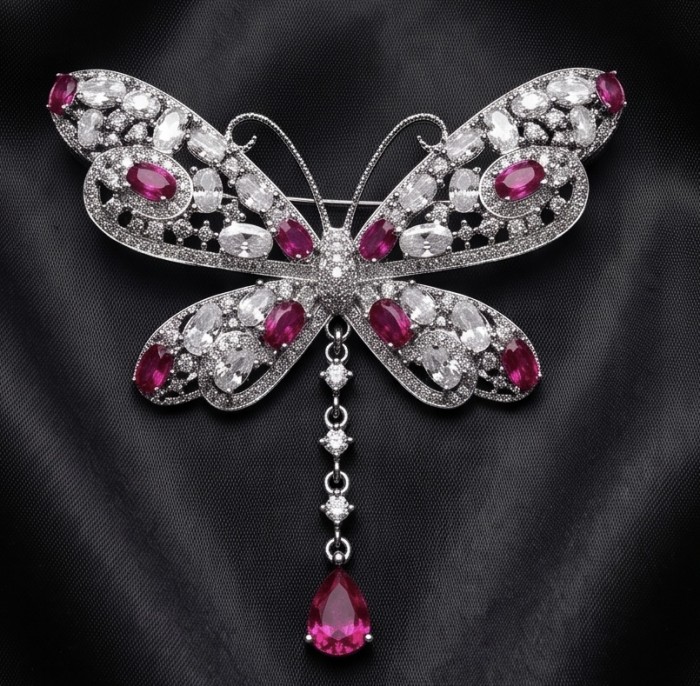 Vintage Design - Red Butterfly - Genuine 10.2 carat Ruby 14k rhodium over .925 Sterling Silver handmade Pendant Brooch - Butterfly brooch with rubies and diamonds on a black background