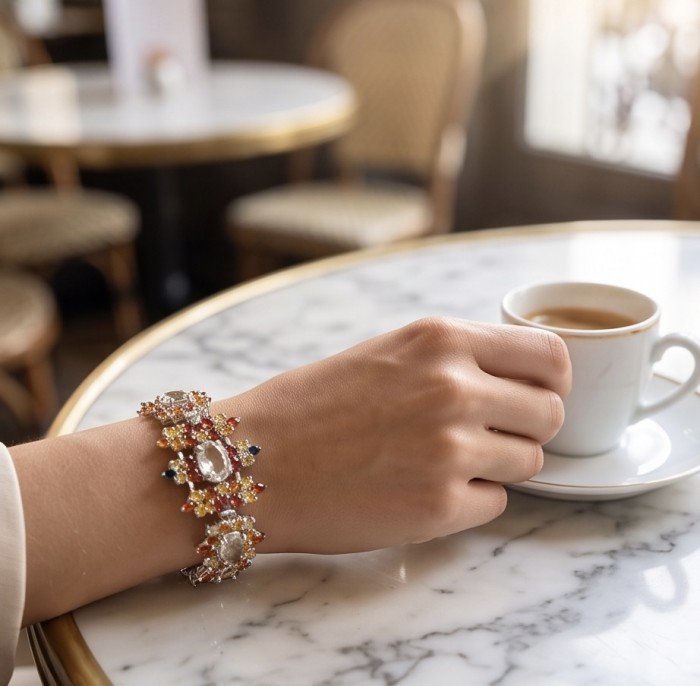 Victoria Authentic 55.5 carat multicolor Sapphire .925 Sterling Silver brilliantly dipped in Rhodium handcrafted Statement Bracelet - Worn on hand: multicolor sapphire bracelet with coffee cup background.