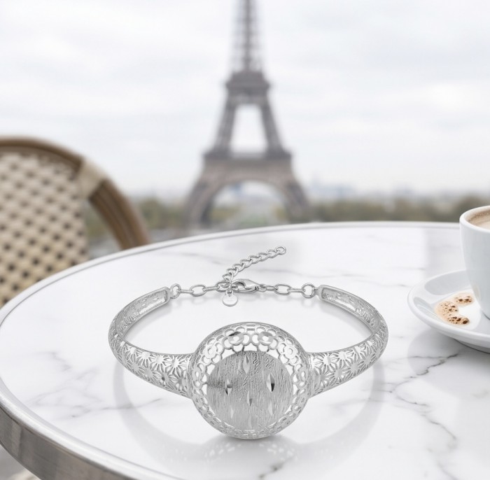 Casablanca - authentic .925 Sterling Silver Bracelet - Sterling silver bracelet on table with Eiffel Tower in background