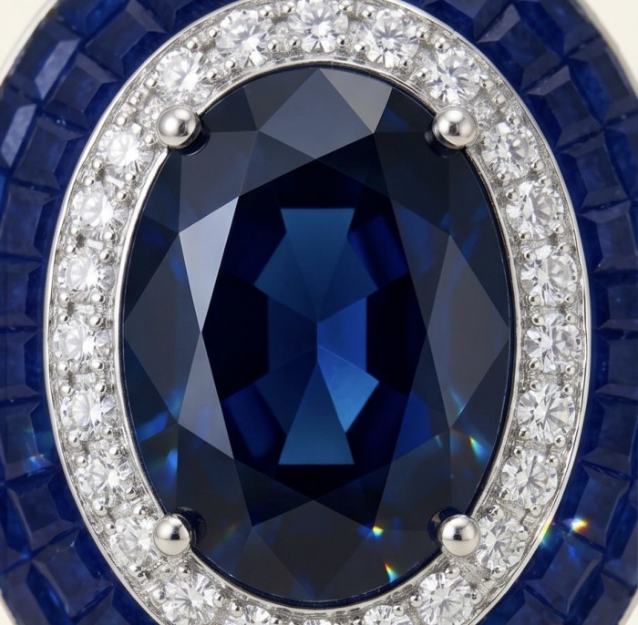 Art Deco - Incredible genuine 10.5 CARAT Sapphire .925 Sterling Silver handcrafted Earrings - Close-up of 10.5 carat sapphire with diamond accents.