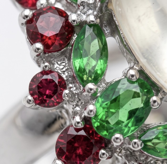 Victoria Authentic 12.7 carat Brazilian Citrine .925 Sterling Silver brilliantly dipped in rhodium handcrafted Statement ring; s. 8 1/4 - Stone close-up of red and green gems in a silver setting