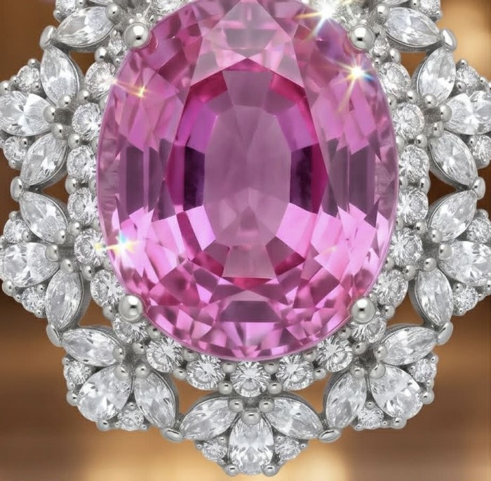 Tiffany Incredible oval cut 20.4 carat Pink Sapphire .925 Sterling Silver handcrafted pendant - Close-up of oval-cut pink sapphire with diamond halo settings.