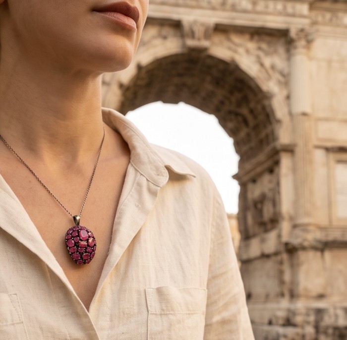 Giovanna 27.2 carat authentic Mozambique Ruby black rhodium .925 Sterling Silver handmade Pendant - Woman wearing Mozambique Ruby pendant against historical arch background