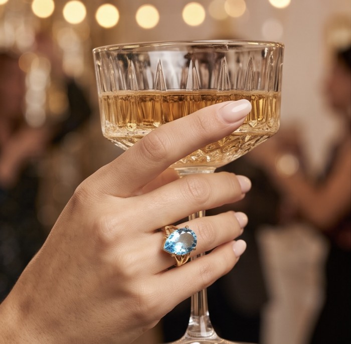 Conqueror Natural 15.8 carat Swiss Blue Topaz .925 Sterling Silver dipped in 22K Gold handmade Statement Ring size 7 - Hand wearing Conqueror Blue Topaz ring holding a glass