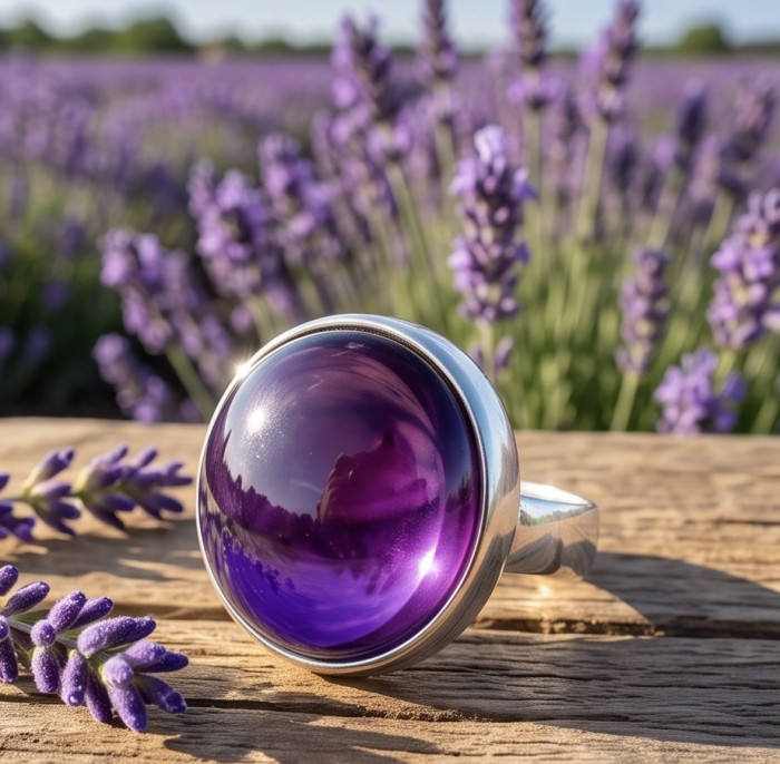 Top quality 24.4 carat Amethyst .925 Sterling Silver dipped in rhodium Handcrafted Large Ring size 8 - Close-up of amethyst ring in lavender field background.