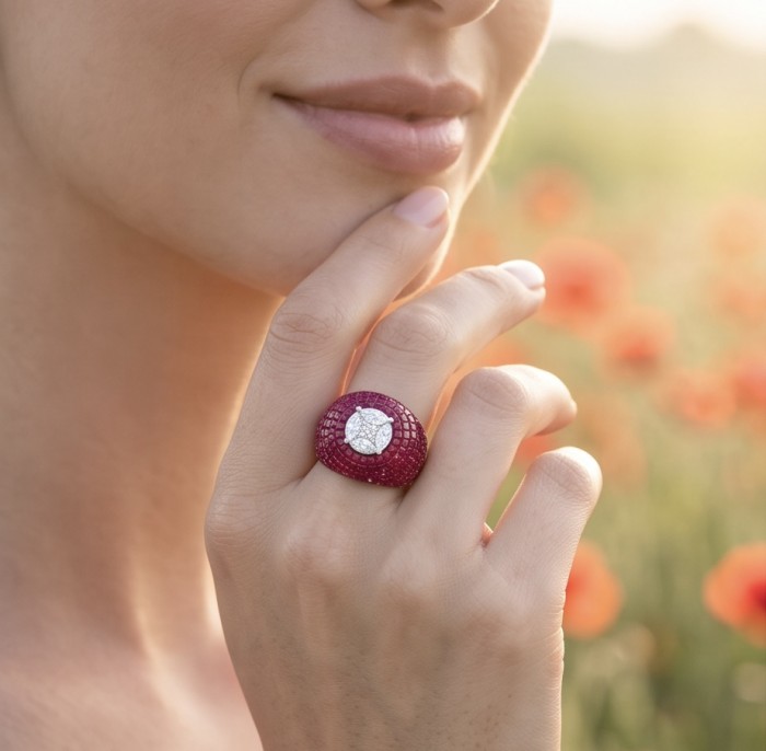 Scarlett 10.7 ctw Mozambique Ruby .925 Sterling Silver dipped in 18K WHITE Gold handcrafted Statement Ring size 8 - Ring worn on hand, Scarlett 10.7 ctw Mozambique Ruby in silver setting.