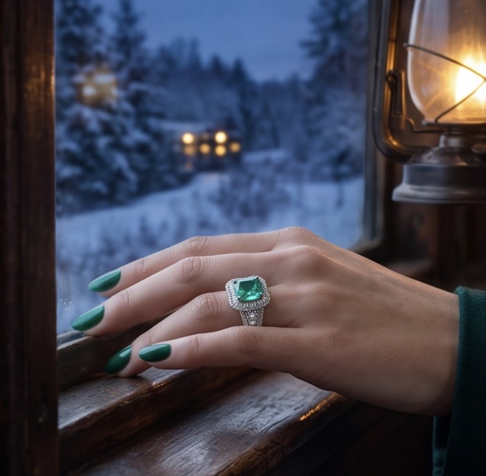 Precious 12.2 CARAT Colombian Emerald .925 Sterling Silver Statement Ring s. 6 1/4 - Emerald ring worn on hand beside a window with snowy landscape.