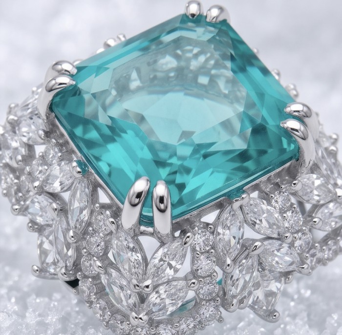 Elizabeth asscher cut 14.8 carat Colombian Emerald 15.3 carat Moissanite .925 Sterling Silver dipped in Rhodium handcrafted Ring size 7 - Close-up of Elizabeth asscher cut Colombian Emerald ring with diamonds.