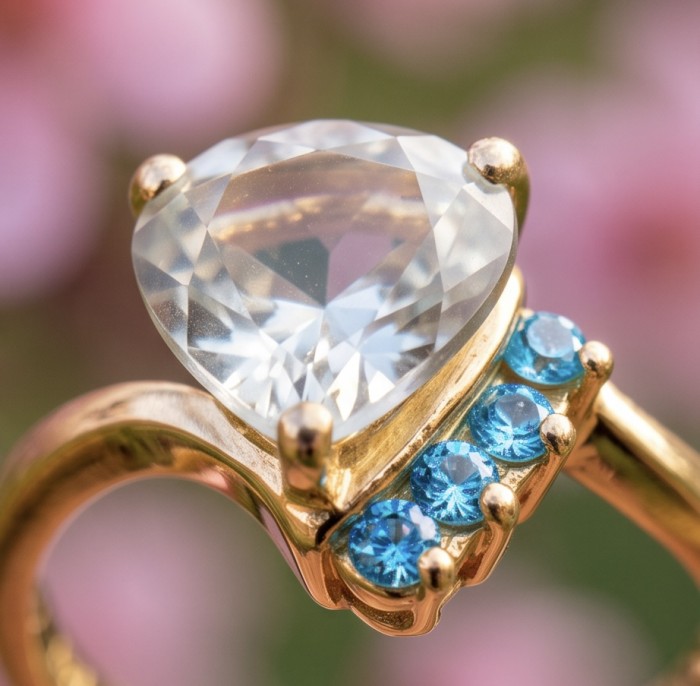 3.2 carat Brazilian Citrine .925 Sterling Silver dipped in 14K Gold handcrafted ring; s. 7 - Heart-shaped gemstone ring close-up with blue accent stones