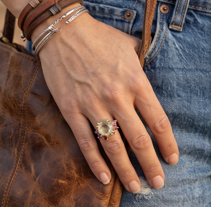 Vivien 3.2 carat Brazilian Citrine .925 Sterling Silver dipped in 18K Gold handcrafted ring; s. 7 - Citrine ring worn on hand, with denim and leather accessories visible.
