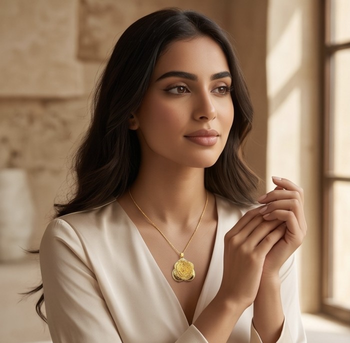 Dubai Style - Golden Rose .925 Sterling Silver dipped in 22K Gold handmade Pendant - Woman wearing Dubai Style Golden Rose pendant, side view
