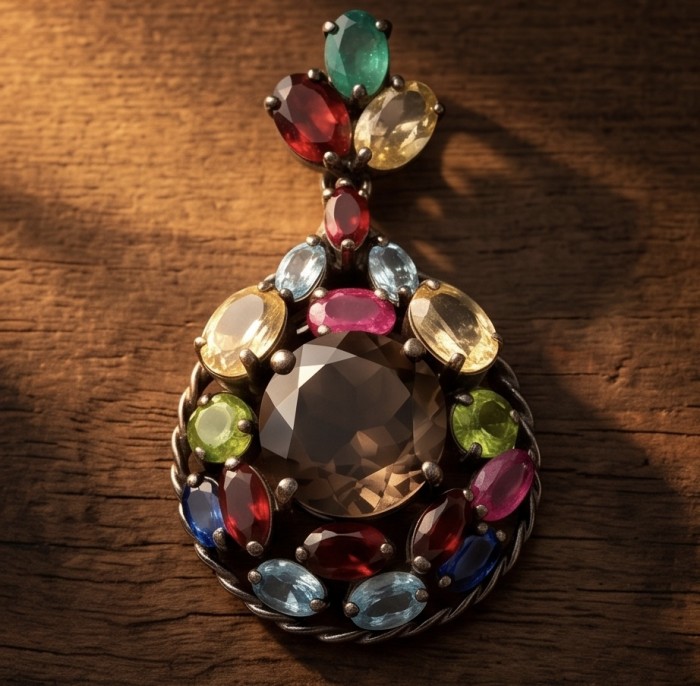 Conqueror Authentic 9.5 carat carved 10.8 CARAT Smoky Topaz black rhodium over .925 Sterling Silver handmade Statement Pendant - Colorful gemstone pendant with 10.8 carat smoky topaz, top view.