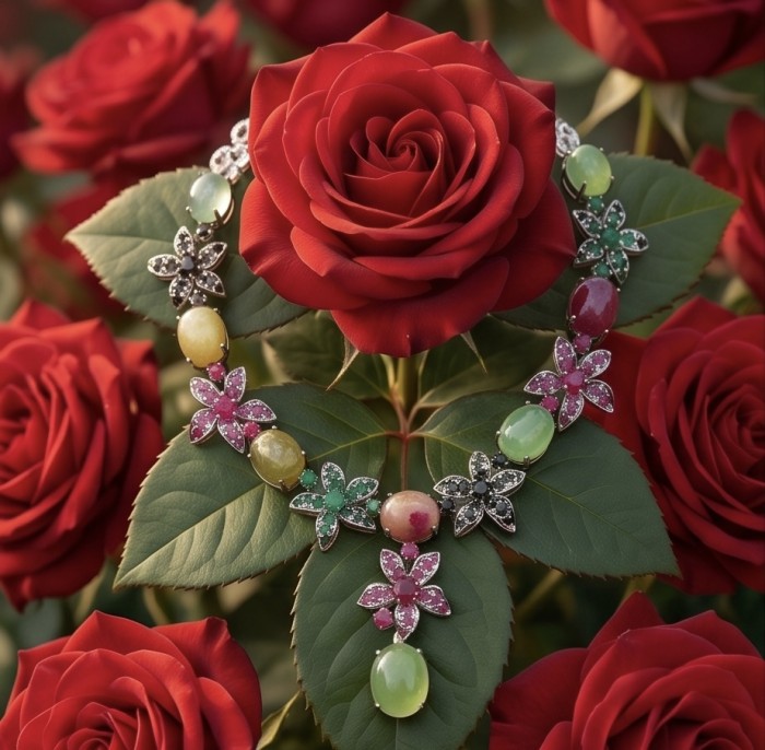 Isabella - Beauty of Nature natural 155.5 carat Ruby Green Tourmaline Rhodium over .925 Sterling Silver handmade Statement necklace - Necklace with colorful gems and floral design on red roses close-up.