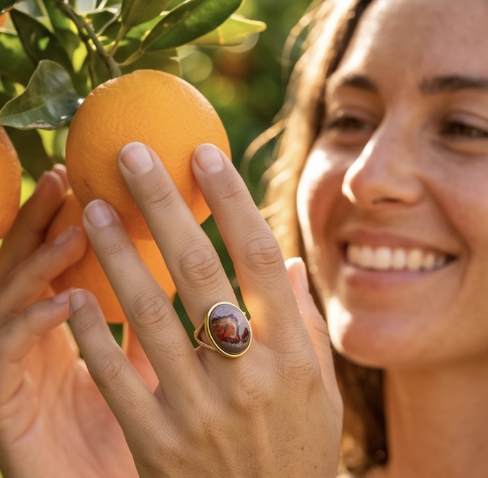 Bonfire Night best quality 18.4 carat Mexican Opal 18K Gold over .925 Sterling Silver handmade ring 6 - Worn on hand, 18.4 carat Mexican Opal ring next to oranges.