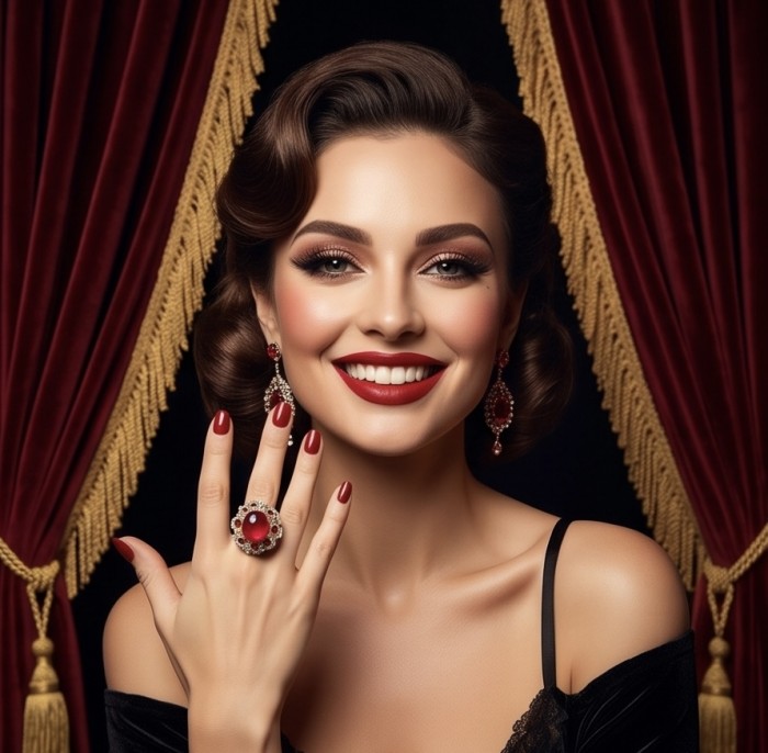 King of Gems Genuine 17.5 CARAT Mozambique Star Ruby 22K Gold over .925 Sterling Silver Large Statement Ring size 7 1/4 - Woman wearing ruby ring and earrings, elegant pose.