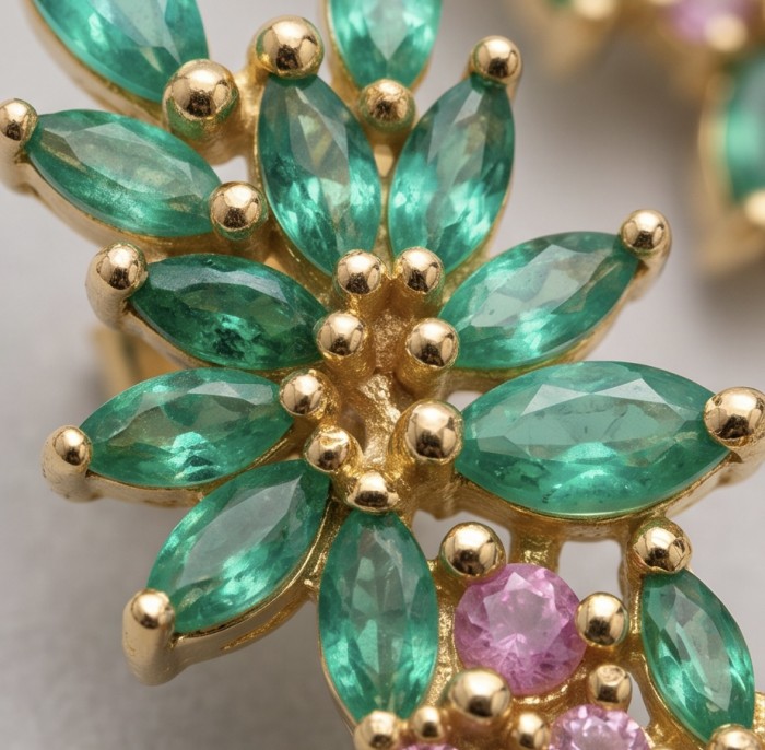 Amazonia - 4.7 carat Colombian Emerald .925 Sterling Silver dipped in 18k Gold Handcrafted Statement earrings - Close-up of Amazonia Colombian emerald cluster earrings.