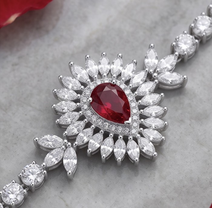 Luxurious 2.8 carat natural Mozambique Ruby .925 Sterling Silver Statement Bracelet - Close-up of Mozambique ruby and diamond bracelet centerpiece.