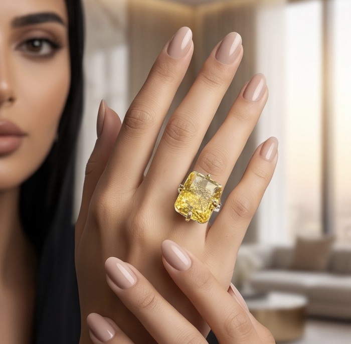 Solid 24.8 carat Genuine Yellow Sapphire 2 tones .925 Sterling Silver handcrafted ring size 8 adjustable - Yellow sapphire ring worn on hand, close-up view.