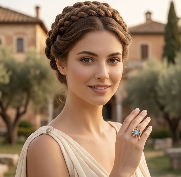 Belssings Natural 12.8 carat Swiss Blue Topaz .925 Sterling Silver dipped in rhodium handmade Statement Ring size 8 - Woman wearing Belssings Topaz ring against villa backdrop, hand close-up.