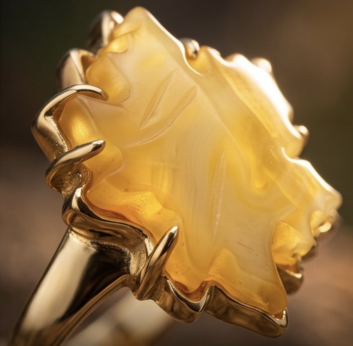 Vintage Style Authentic Golden Butterscotch Baltic Amber 18K Gold over .925 Sterling Silver entirely handcrafted ring; s. 8 ADJUSTABLE - Close-up of vintage golden butterscotch Baltic amber ring.