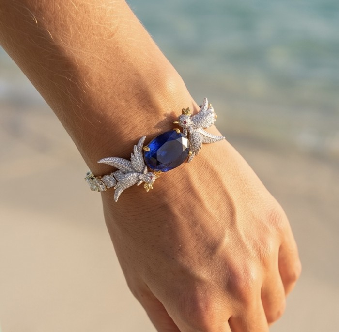 Freedom - Bird on a Rock 15.1 carat BRAZILIAN SAPPHIRE 22K Gold over .925 Sterling Silver handmade Bracelet - Bracelet with Brazilian sapphire, bird design, worn on wrist, beach background