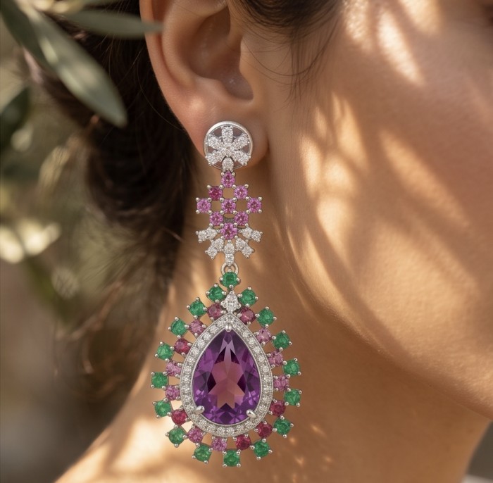 Giuseppina - Authentic 18.5 carat Amethyst rhodium over .925 Sterling Silver handcrafted Statement Earrings - Amethyst earring close-up, worn on ear, colorful gemstone detail