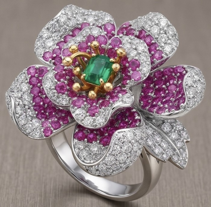 Rose Authentic 1.8 carat Emerald 3.9 carat pave Kasmir Ruby .925 Sterling Silver brilliantly dipped in rhodium 2 tones handcrafted Statement ring; s. 7 - Floral ring with emerald, ruby, and diamond in a close-up view.