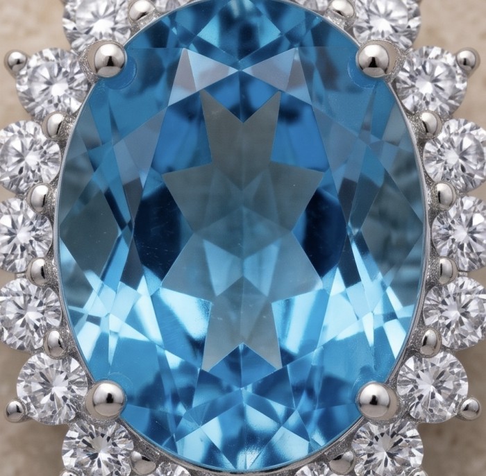 Tiffany Incredible oval cut 12.4 carat Swiss Blue Topaz rhodium over .925 Sterling Silver handcrafted pendant - Close-up of 12.4 carat Swiss Blue Topaz with diamond halo detailing.