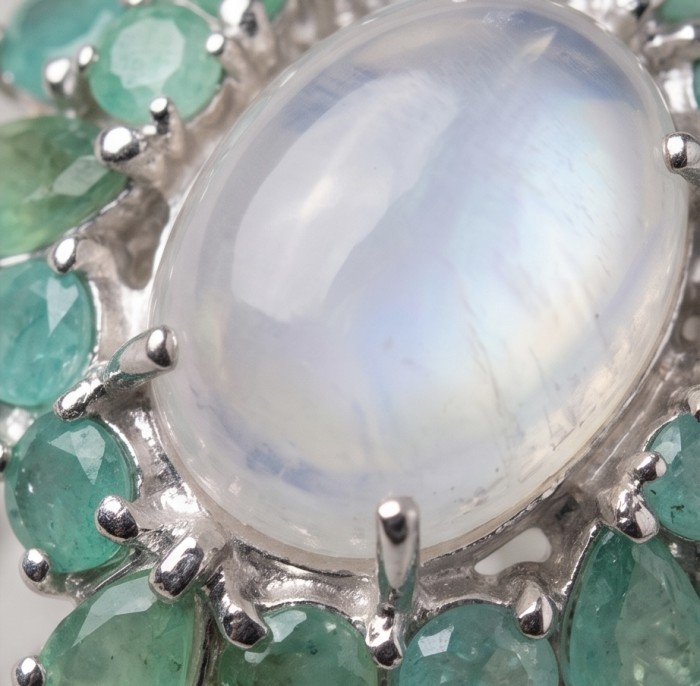 Rosemary - Top quality 22.2 carat Brazilian Rose Quartz .925 Sterling Silver dipped in rhodium Handcrafted Ring size 7 - Close-up of Rosemary jewelry featuring rose quartz and green gemstones.