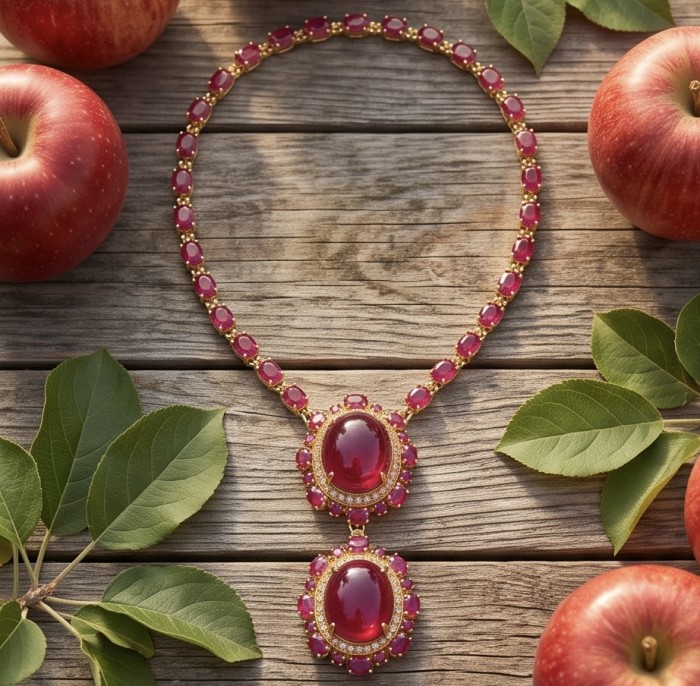 RARE BEAUTY Valentina 88.2 carat Mozambique Ruby 22K Gold .925 Sterling Silver Statement Necklace - Ruby necklace on wood with apples; top view, 88.2 carat Mozambique ruby.