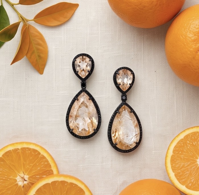 Jasmine 14.9 carat authentic Morganite Quartz .925 Sterling Silver dipped in black rhodium Handcrafted Statement Earrings - Top view of Jasmine Morganite Quartz earrings with oranges.