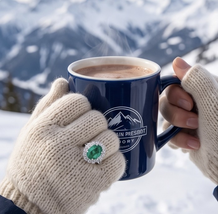 Precious 12.2 CARAT Colombian Emerald .925 Sterling Silver Statement Ring s. 7 1/4 - Emerald ring on gloved hand holding a mug in snowy mountains.