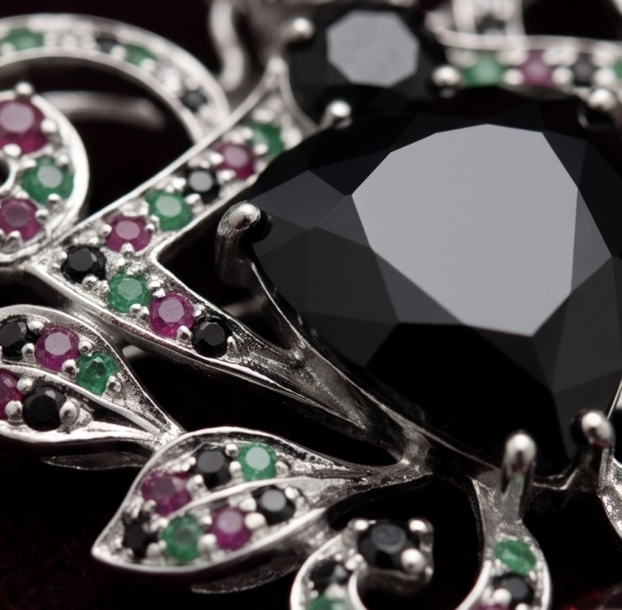 Marie Antoinette's Style 32.8grams natural Black Onyx Garnet .925 Sterling Silver dipped in Rhodium handmade LARGE Pendant - Brooch - Close-up of intricate jewelry detailing with black onyx and colored gems.