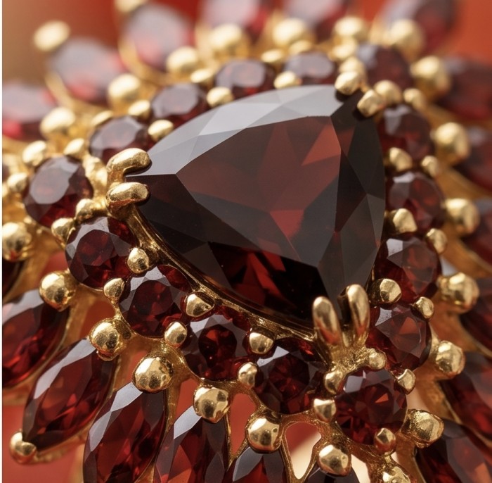 Giovanna trillion cut 22.5 carat Garnet from Sri Lanka (Ceylon) 22K Gold over .925 Sterling Silver handcrafted Statement ring size 6 - Close-up of 22.5 carat Garnet with gold setting detail.
