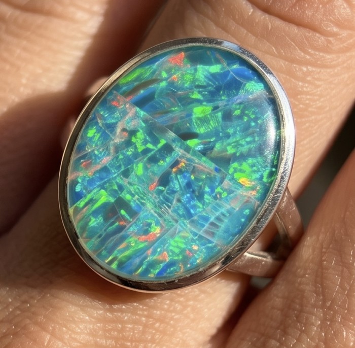 Endless Ocean Genuine 18.5 carat Australian Opal .925 Sterling Silver handmade Ring size 6 1/4 - Close-up of Endless Ocean opal ring worn on hand.