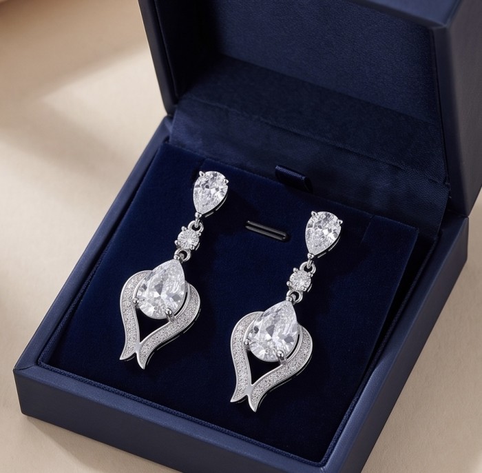 Top quality Sublime 3.8 carat White Topaz rhodium over .925 Sterling Silver handcrafted Earrings - Top quality white topaz earrings in presentation box, top view.