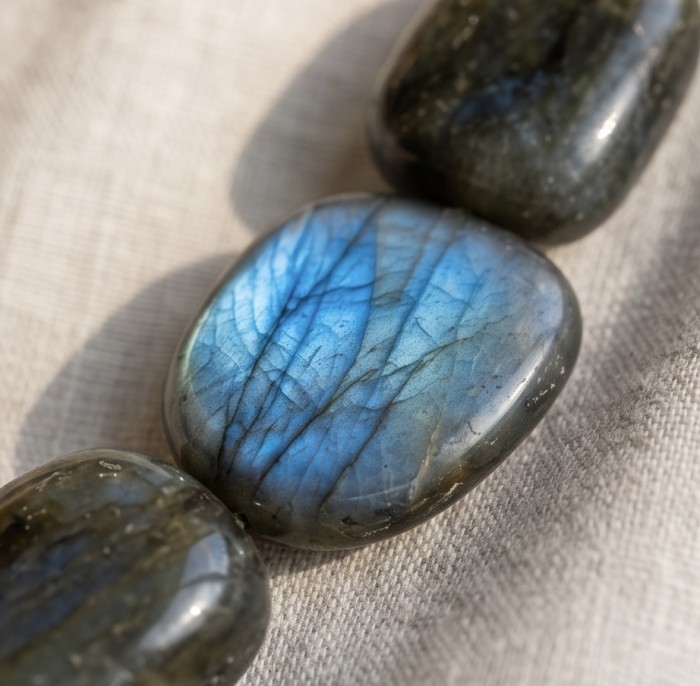 Blue Cascade Genuine Labradorite .925 Sterling Silver handcrafted Necklace - Stone close-up of Blue Cascade Labradorite jewelry on fabric.