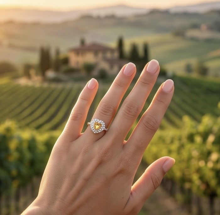 Heart 4.8 carat Genuine Yellow Sapphire .925 Sterling Silver handcrafted ring size 5 - Yellow sapphire heart ring worn on hand with scenic vineyard background.