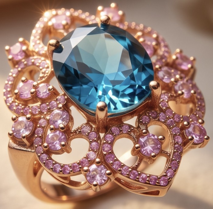 Victorian design 10.8 carat authentic London Blue Topaz 22k Rose Gold over.925 Sterling Silver handmade Statement Ring size 6 1/4 - Close-up of Victorian design ring with blue topaz and pink stones