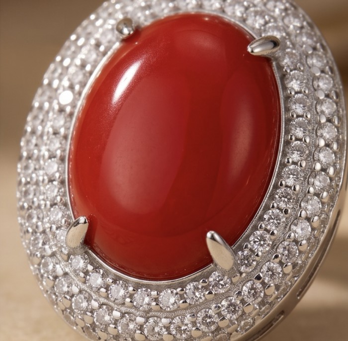 Elizabeth Natural Fossilized Coral .925 Sterling Silver handmade pendant - Close-up of Elizabeth Natural Fossilized Coral ring with diamonds.