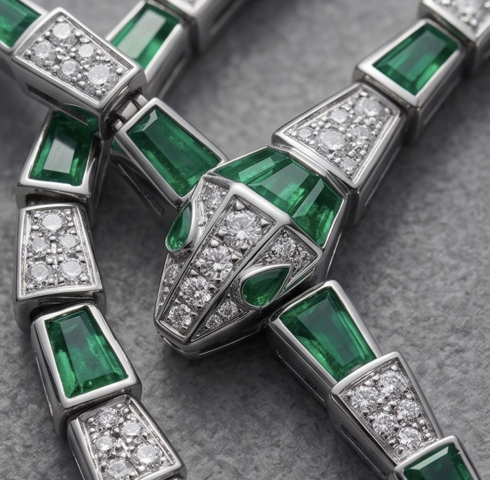 Snake - Iconic design - genuine INLAY MALACHITE .925 Sterling Silver dipped in Rhodium handcrafted Necklace - Close-up of snake design necklace with malachite and diamonds.