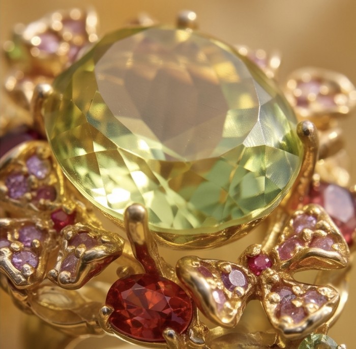 Costa del Sol 33.8 carat Genuine Lemon Quartz 22K Gold over .925 Sterling Silver handcrafted ring size 7 1/4 - Close-up of Costa del Sol Lemon Quartz ring with butterflies and gems.