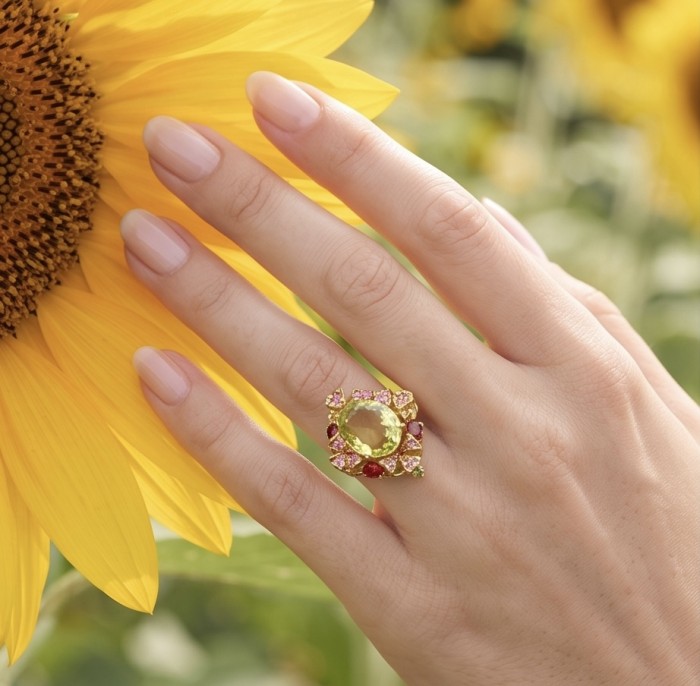 Costa del Sol 33.8 carat Genuine Lemon Quartz 22K Gold over .925 Sterling Silver handcrafted ring size 7 1/4 - Lemon quartz ring in 22K gold, worn on hand next to sunflower