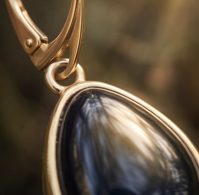 Outstanding authentic Onyx 14K Gold over .925 Sterling Silver Earrings - Close-up of onyx pendant in gold setting with clasp detail.