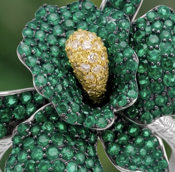 Precious Orchid Bloosom Genuine pave 18.5 carat Emerald .925 Sterling Silver handmade LARGE Statement Ring size 7 - Close-up of Precious Orchid Blossom with emeralds and diamonds.