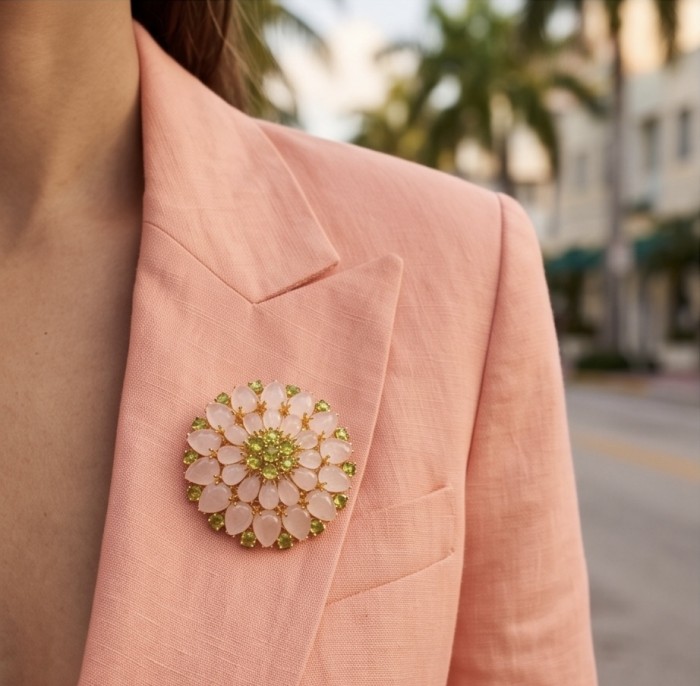Vintage Floral design genuine 48.5 carat Brazilian Rose Quartz 18k Gold over .925 Sterling Silver handmade Pendant - Brooch - Rose quartz brooch on lapel, floral design, vintage style close-up.
