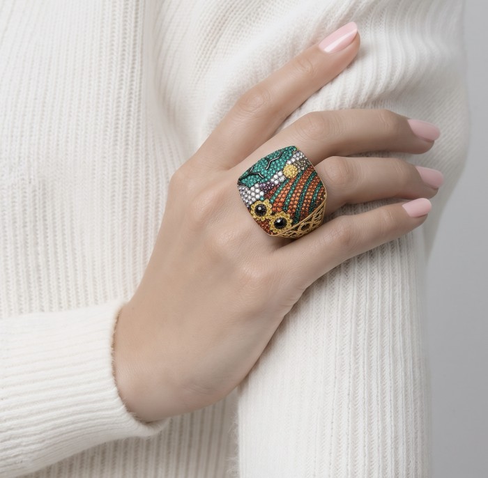 Peaceful Village - LARGE Authentic 8.8 carat pave Multigem .925 Sterling Silver brilliantly dipped in 22K Gold handcrafted Statement ring; s. 7 - Ring with multicolor gems, worn on hand, showcasing detailed design.
