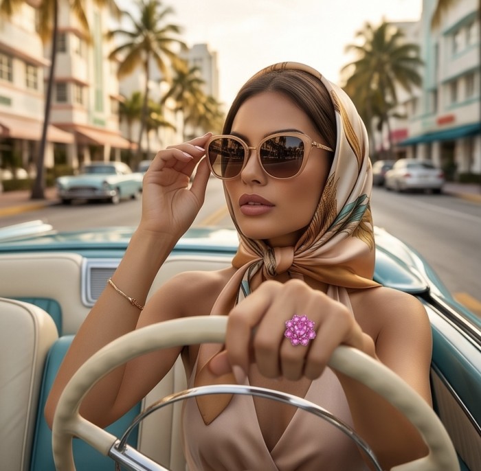 Anastasia 10.8 carat Pink Sapphire .925 Sterling Silver dipped in Rhodium Handcrafted Statement Ring size 7 - Pink sapphire ring worn on hand while driving vintage car.