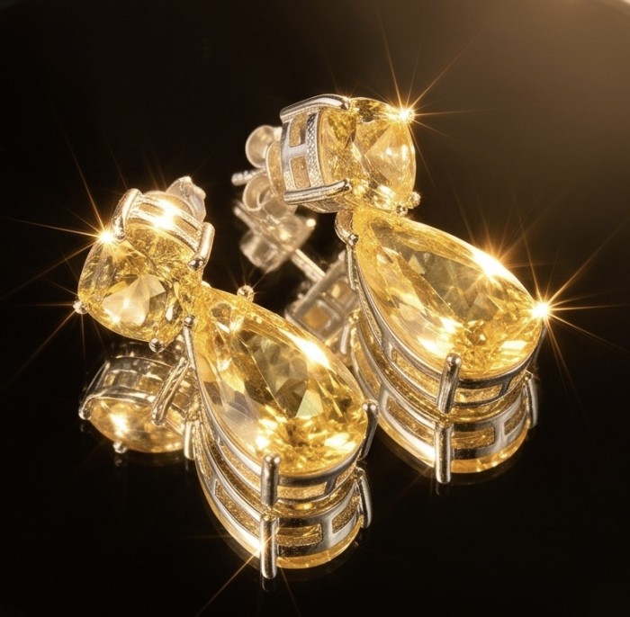 Giovanna - Authentic 12.4 carat Brazilian Citrine .925 Sterling Silver dipped in rhodium handcrafted earrings - Close-up of Giovanna 12.4 carat Brazilian Citrine earrings.