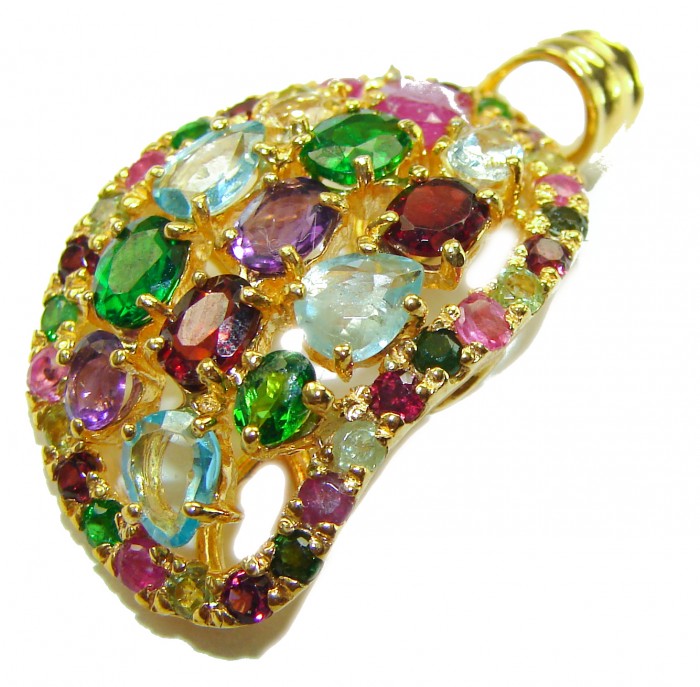 Colorful World Genuine Authentic 19.5 carat Multigem 14K Gold over .925 Sterling Silver handcrafted Pendant - Colorful multigem 14K gold pendant, angled top view.
